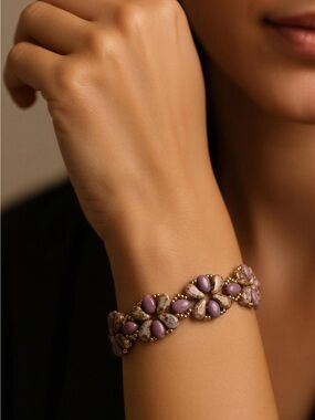 Gold-Tone Purple Floral Stone Bracelet for Women